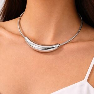 Anthropologie Polished Silver Curved Pendant Choker Necklace